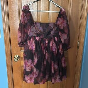Poofy Dark Floral Mini Dress NWT